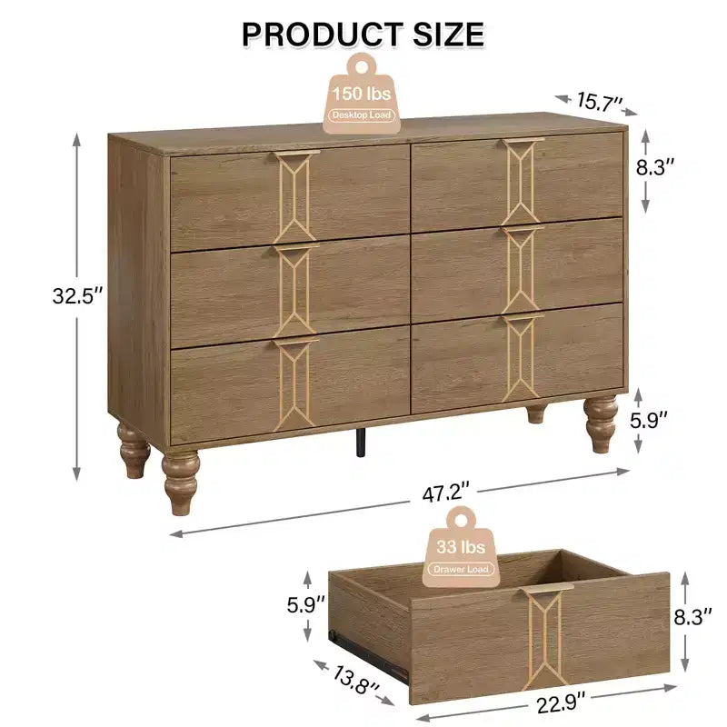 6 Drawers Dresser for Bedroom, Modern Wooden Dresser with Deep Drawers, Chest of Drawers for Living Room, Hallway, Entryway