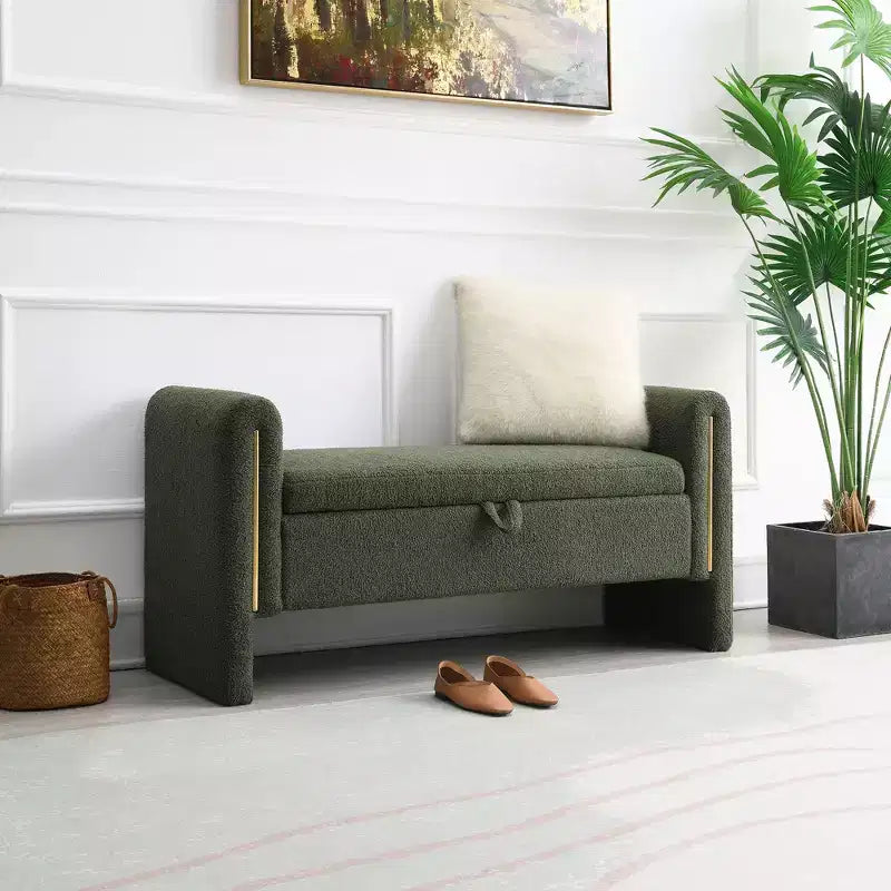 TUYOHW Modern Bed End Bench with Arms and Storage, Upholstered Large Foot Rest Stool, Comfy Window Vanity Bench for Living Room, Olive Green