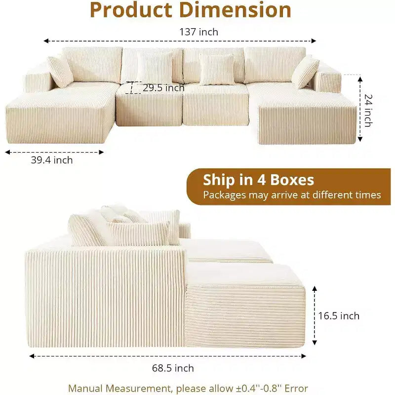Acekool 137 U-Shaped Cloud Sectional - No Assembly Corduroy Sofa with Convertible Chaise & Deep Seating for Living Rooms (White)