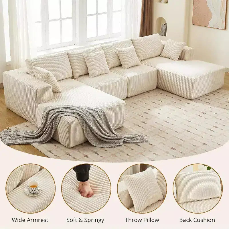 Acekool 137 U-Shaped Cloud Sectional - No Assembly Corduroy Sofa with Convertible Chaise & Deep Seating for Living Rooms (White)