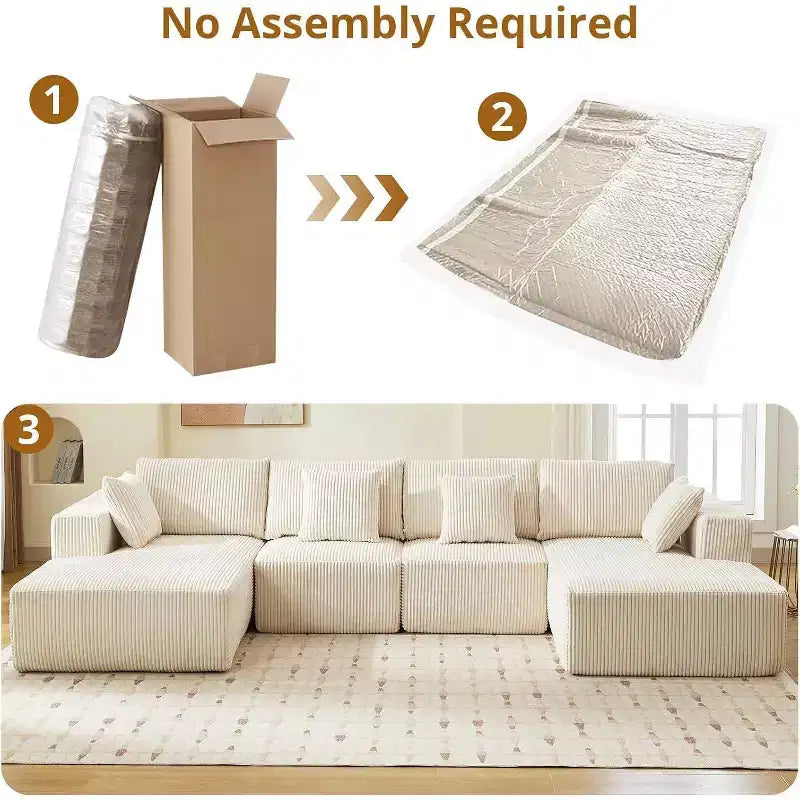 Acekool 137 U-Shaped Cloud Sectional - No Assembly Corduroy Sofa with Convertible Chaise & Deep Seating for Living Rooms (White)
