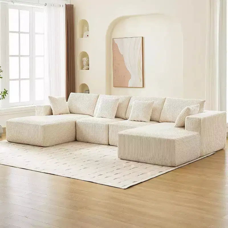 Acekool 137 U-Shaped Cloud Sectional - No Assembly Corduroy Sofa with Convertible Chaise & Deep Seating for Living Rooms (White)