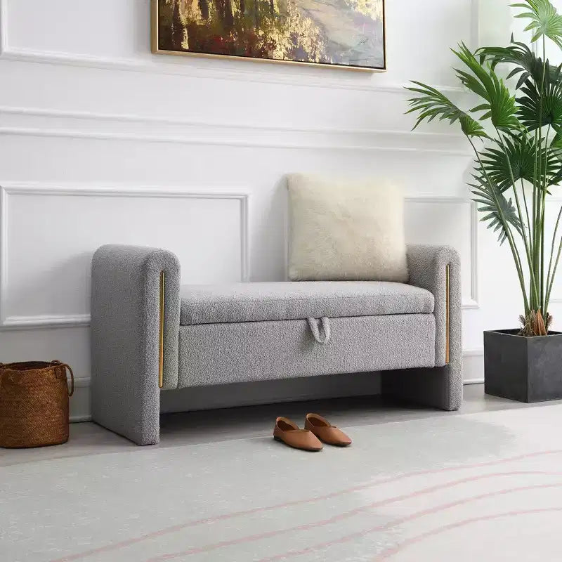 TUYOHW Modern Bed End Bench with Arms and Storage, Upholstered Large Foot Rest Stool, Comfy Window Vanity Bench for Living Room, Gray