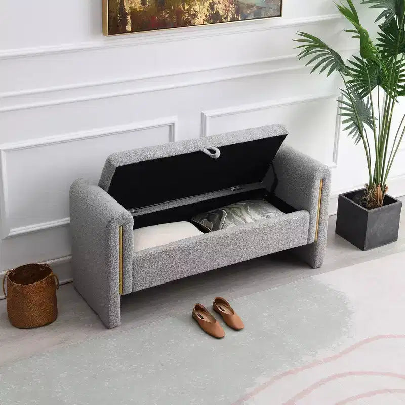TUYOHW Modern Bed End Bench with Arms and Storage, Upholstered Large Foot Rest Stool, Comfy Window Vanity Bench for Living Room, Gray