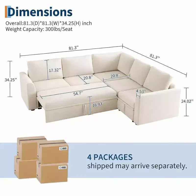 Acekool U-Shaped Sectional Sleeper Sofa with Pull Out Bed, Modular Couch, Storage Seats & Ottoman, Convertible for Living Room