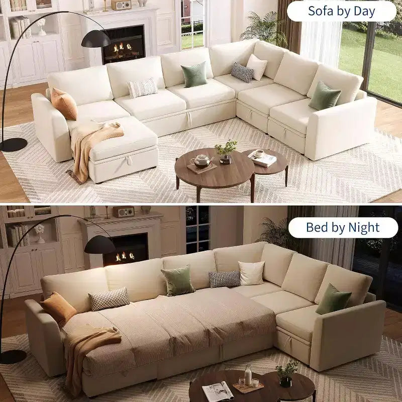 Acekool U-Shaped Sectional Sleeper Sofa with Pull Out Bed, Modular Couch, Storage Seats & Ottoman, Convertible for Living Room