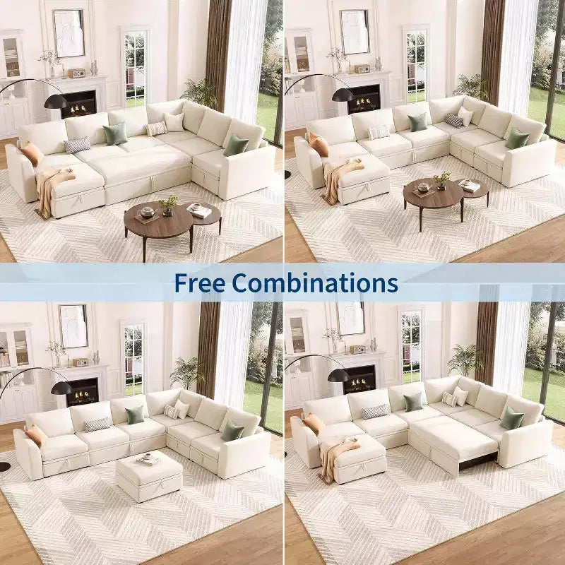 Acekool U-Shaped Sectional Sleeper Sofa with Pull Out Bed, Modular Couch, Storage Seats & Ottoman, Convertible for Living Room
