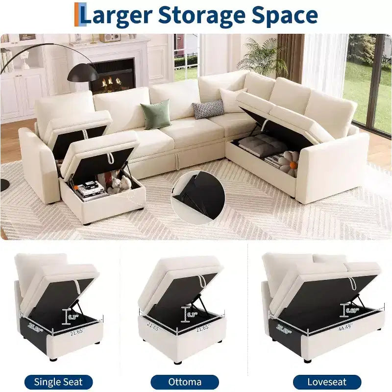 Acekool U-Shaped Sectional Sleeper Sofa with Pull Out Bed, Modular Couch, Storage Seats & Ottoman, Convertible for Living Room