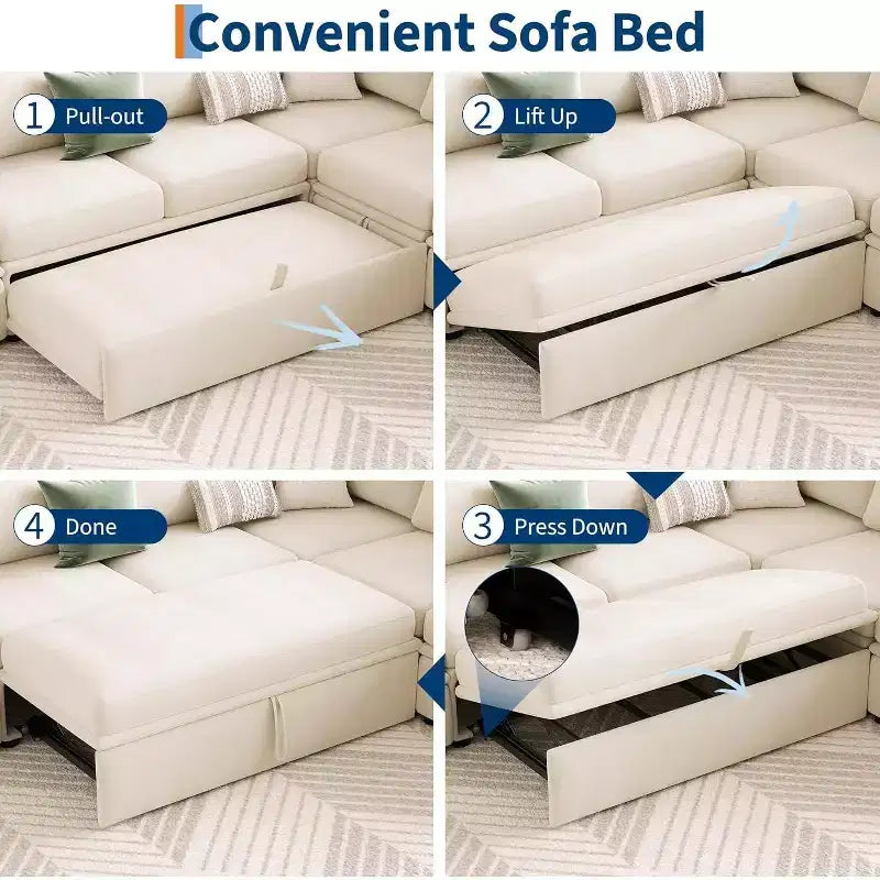 Acekool U-Shaped Sectional Sleeper Sofa with Pull Out Bed, Modular Couch, Storage Seats & Ottoman, Convertible for Living Room