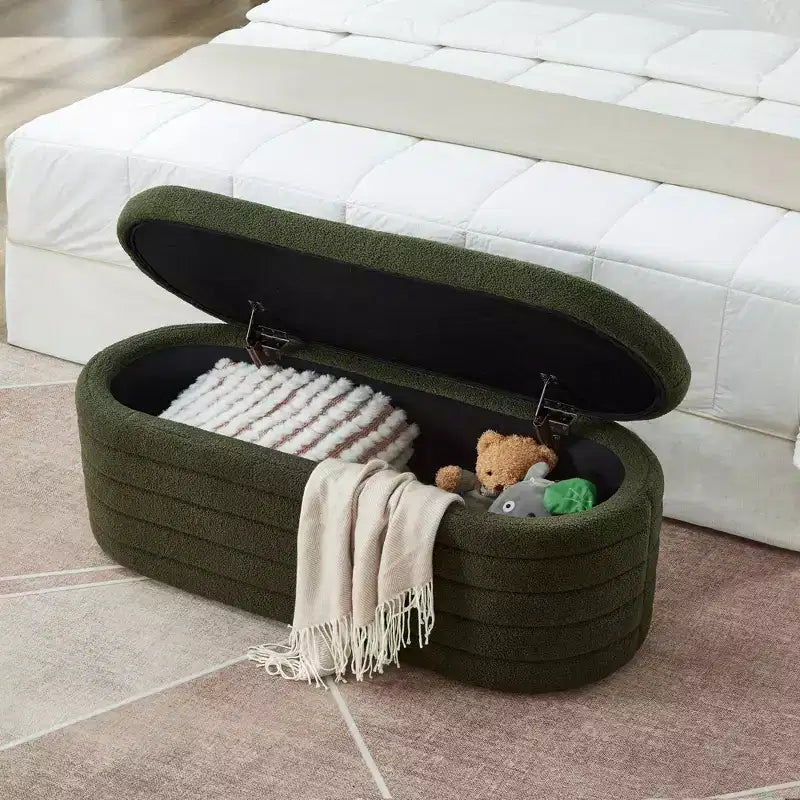 TUYOHW Modern Storage Ottoman Bench, Upholstered Bed Bench with Storage, Bed Stool with Safety Hinge for Bedroom, Dark Green