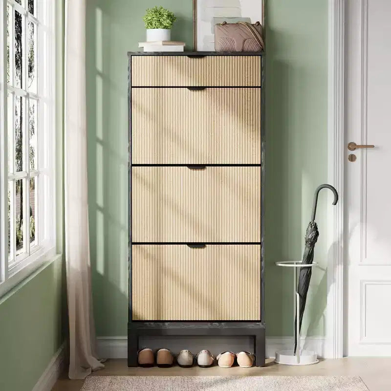 GustoWave Shoe Cabinet with 3 Flip Doors & 1 Drawer, Entrance Wooden Shoe Rack with Iron Legs, Slim Shoe Storage Cabinet, Modern Fluted Shoe Organizer