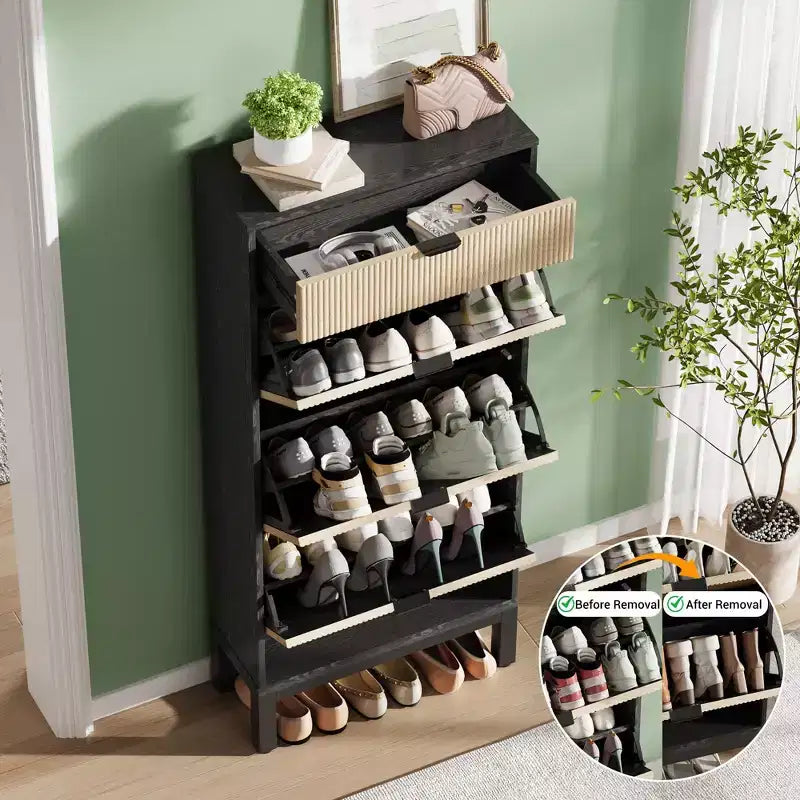 GustoWave Shoe Cabinet with 3 Flip Doors & 1 Drawer, Entrance Wooden Shoe Rack with Iron Legs, Slim Shoe Storage Cabinet, Modern Fluted Shoe Organizer