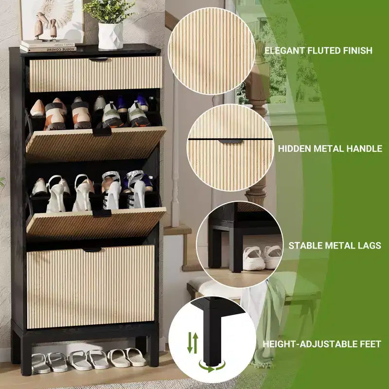 GustoWave Shoe Cabinet with 3 Flip Doors & 1 Drawer, Entrance Wooden Shoe Rack with Iron Legs, Slim Shoe Storage Cabinet, Modern Fluted Shoe Organizer