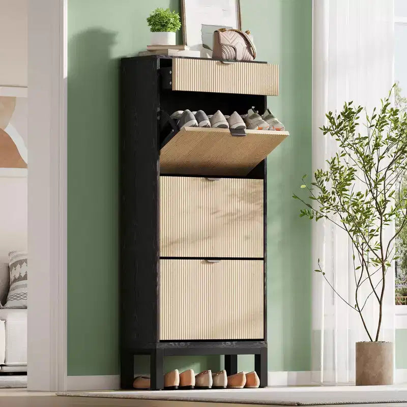 GustoWave Shoe Cabinet with 3 Flip Doors & 1 Drawer, Entrance Wooden Shoe Rack with Iron Legs, Slim Shoe Storage Cabinet, Modern Fluted Shoe Organizer