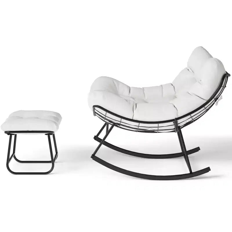 TROPOW Outdoor Papasan Rocking Chair with Ottoman, Oversized Patio Wicker Egg Chair with Soft Thick Cushio, Lounge Rocker, Comfy Reading Chairs