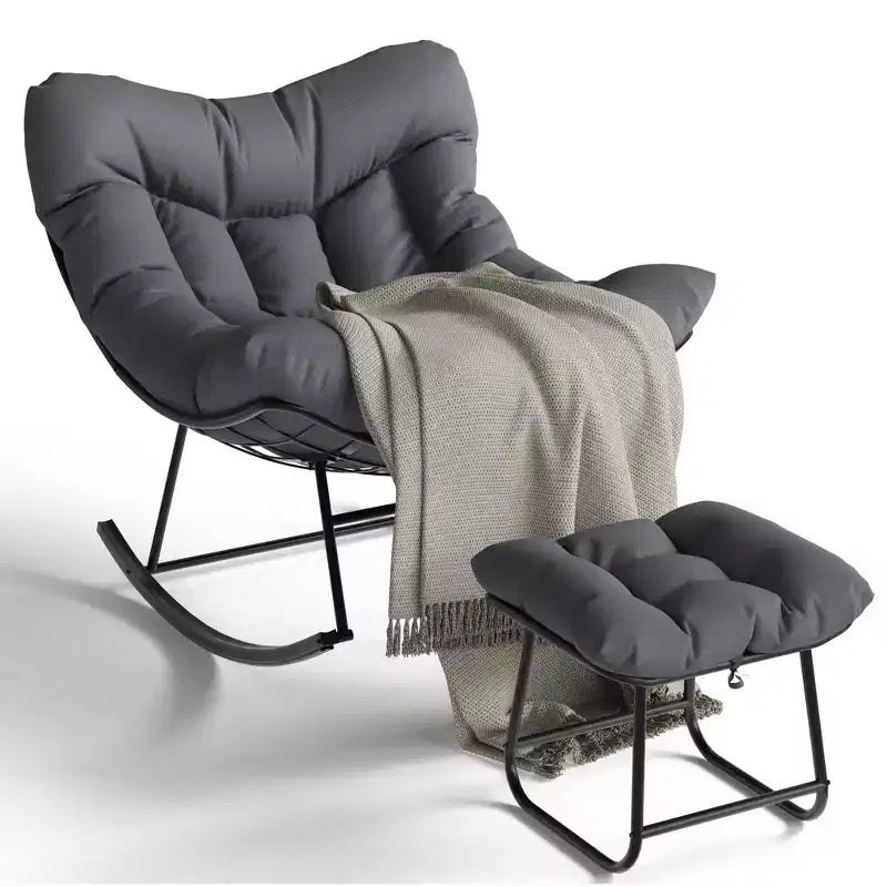 TROPOW Outdoor Papasan Rocking Chair with Ottoman, Oversized Patio Wicker Egg Chair with Soft Thick Cushio, Lounge Rocker, Comfy Reading Chairs