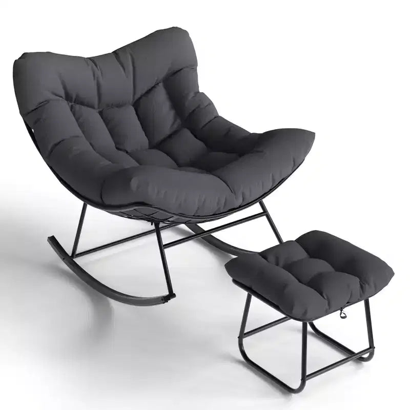 TROPOW Outdoor Papasan Rocking Chair with Ottoman, Oversized Patio Wicker Egg Chair with Soft Thick Cushio, Lounge Rocker, Comfy Reading Chairs