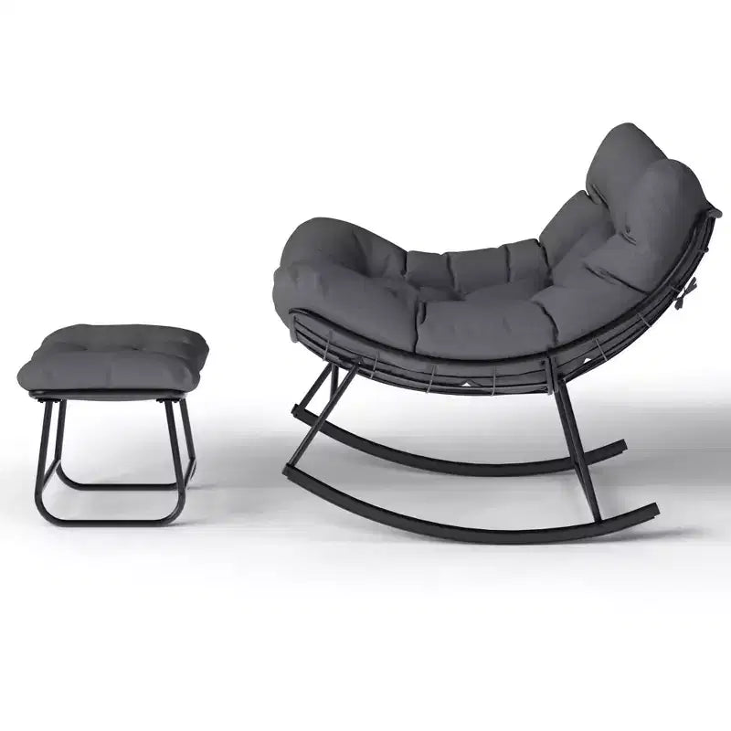 TROPOW Outdoor Papasan Rocking Chair with Ottoman, Oversized Patio Wicker Egg Chair with Soft Thick Cushio, Lounge Rocker, Comfy Reading Chairs