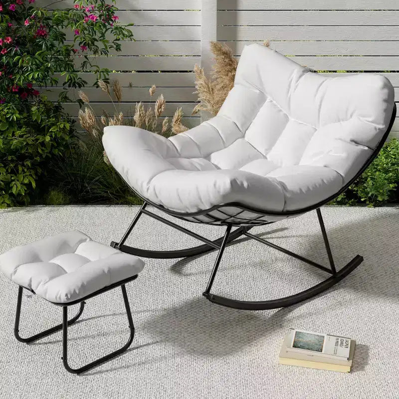 TROPOW Outdoor Papasan Rocking Chair with Ottoman, Oversized Patio Wicker Egg Chair with Soft Thick Cushio, Lounge Rocker, Comfy Reading Chairs