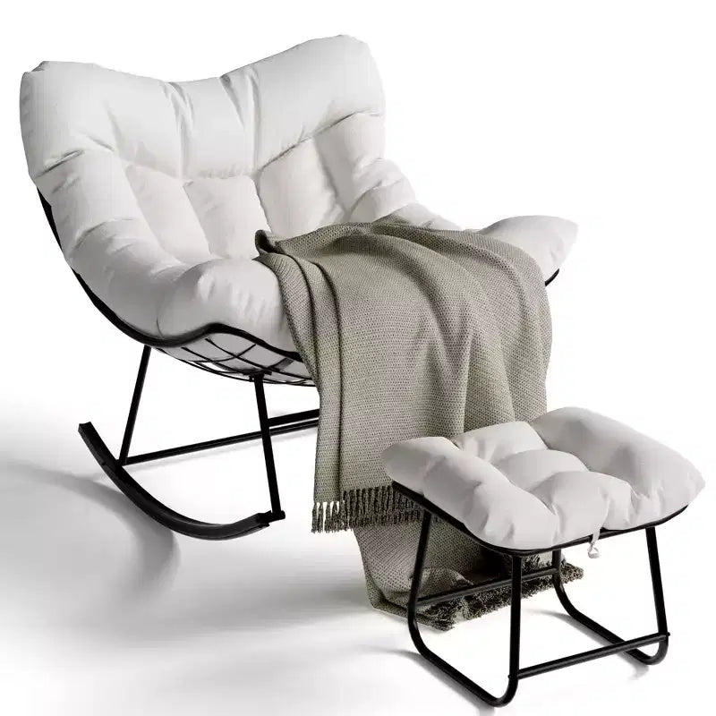 TROPOW Outdoor Papasan Rocking Chair with Ottoman, Oversized Patio Wicker Egg Chair with Soft Thick Cushio, Lounge Rocker, Comfy Reading Chairs