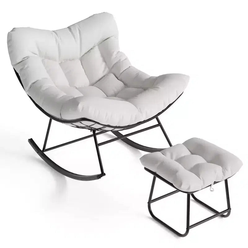 TROPOW Outdoor Papasan Rocking Chair with Ottoman, Oversized Patio Wicker Egg Chair with Soft Thick Cushio, Lounge Rocker, Comfy Reading Chairs