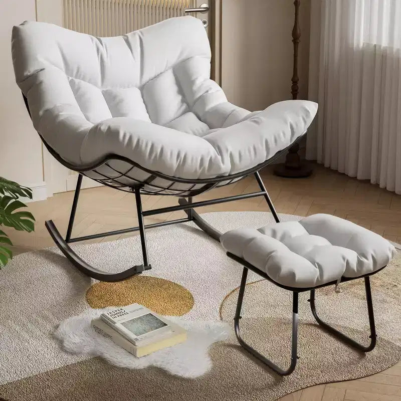 TROPOW Outdoor Papasan Rocking Chair with Ottoman, Oversized Patio Wicker Egg Chair with Soft Thick Cushio, Lounge Rocker, Comfy Reading Chairs