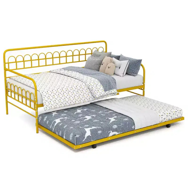Costway Twin Daybed with Trundle Curved Backrest & Armrests Heavy-duty Metal Slats Black/Gold