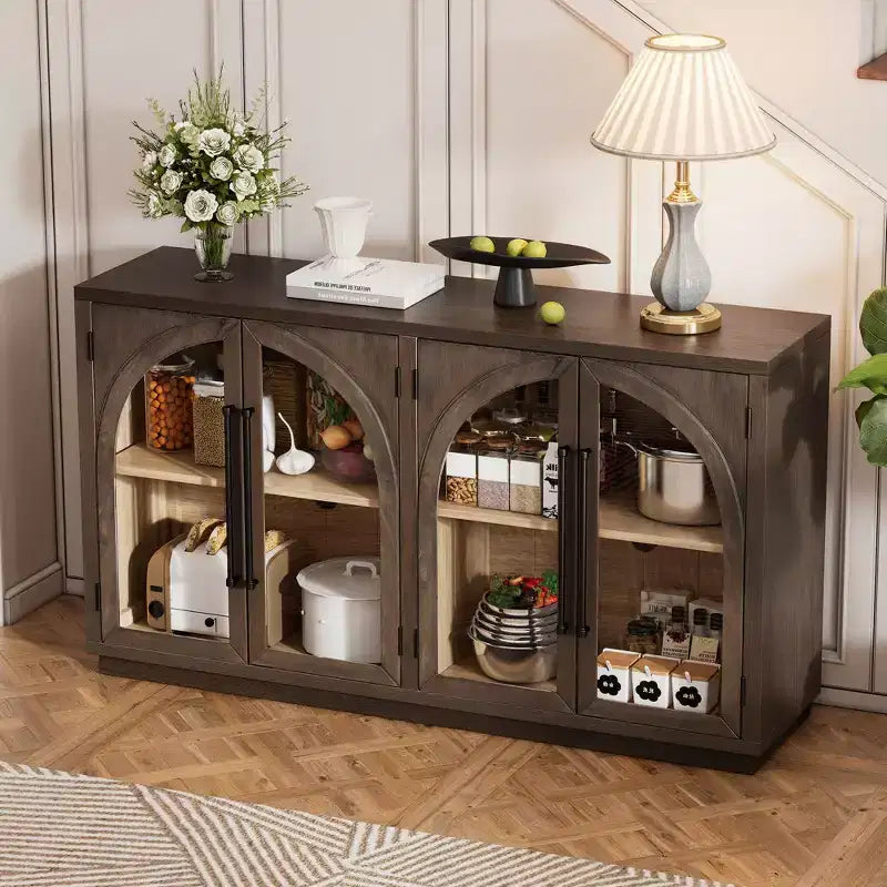 MAYEERTY 4 Doors Storage Sideboard Buffet Cabinet with Glass Doors Adjtstable Shelves for Living Room Kitchen Espresso