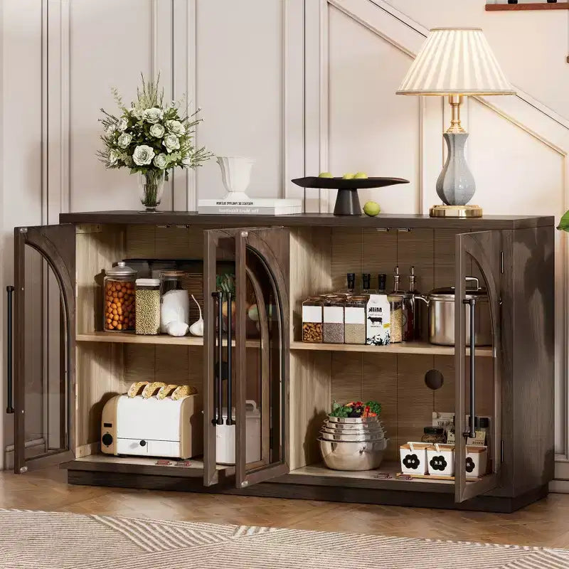 MAYEERTY 4 Doors Storage Sideboard Buffet Cabinet with Glass Doors Adjtstable Shelves for Living Room Kitchen Espresso