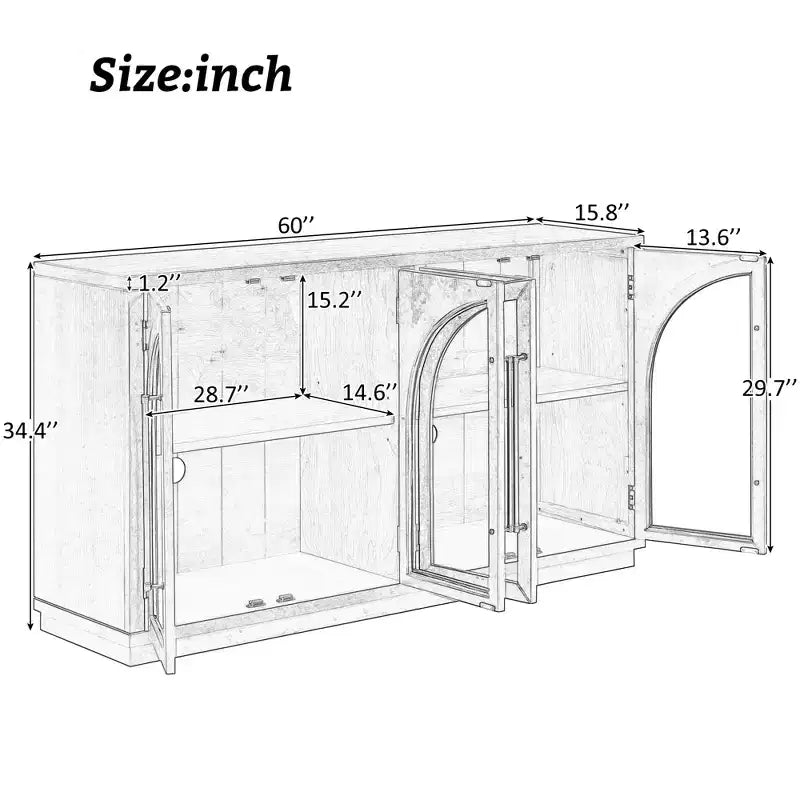 MAYEERTY 4 Doors Storage Sideboard Buffet Cabinet with Glass Doors Adjtstable Shelves for Living Room Kitchen Espresso