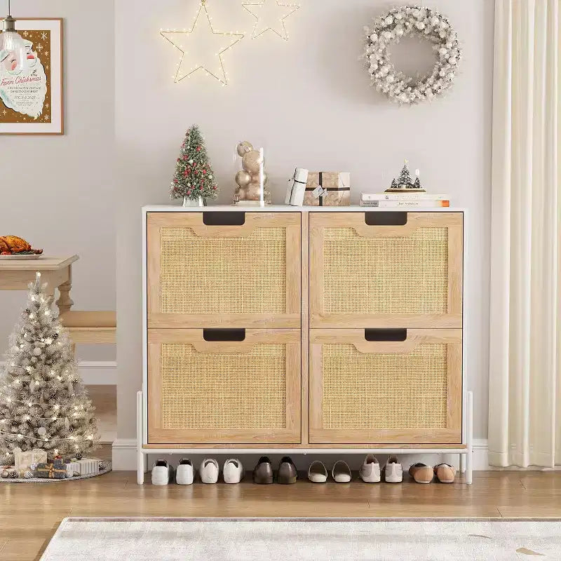 Natural Rattan Storage Cabinet with 2 Flip Drawers, Wooden Entry Way Shoe Cabinet with Storage with Adjustable Shelf and Metal Legs
