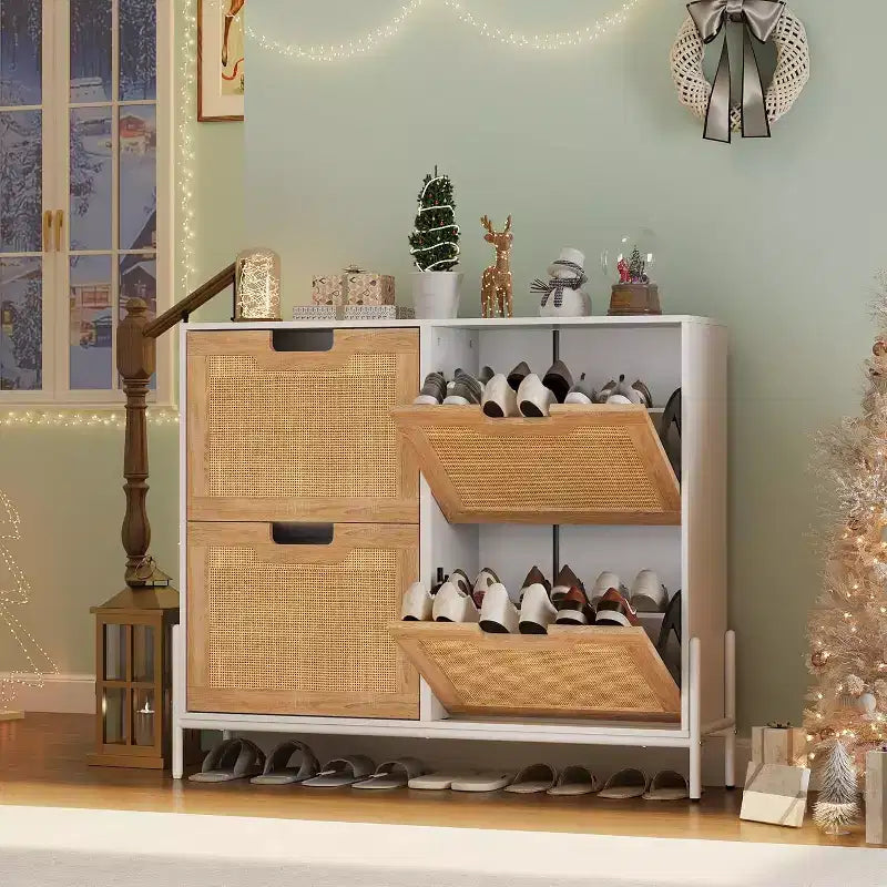 Natural Rattan Storage Cabinet with 2 Flip Drawers, Wooden Entry Way Shoe Cabinet with Storage with Adjustable Shelf and Metal Legs