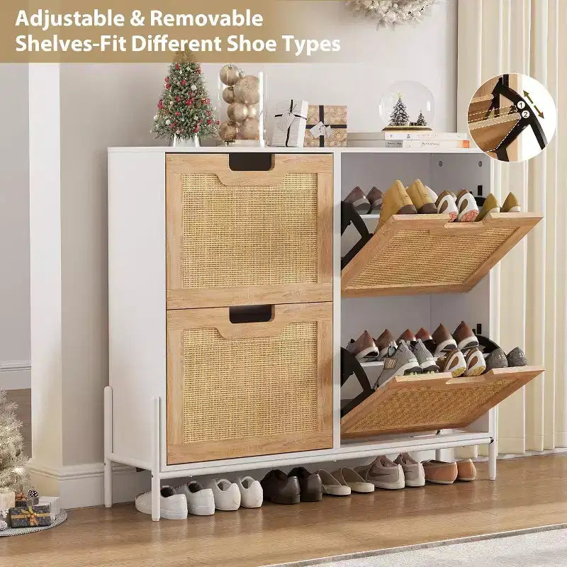 Natural Rattan Storage Cabinet with 2 Flip Drawers, Wooden Entry Way Shoe Cabinet with Storage with Adjustable Shelf and Metal Legs