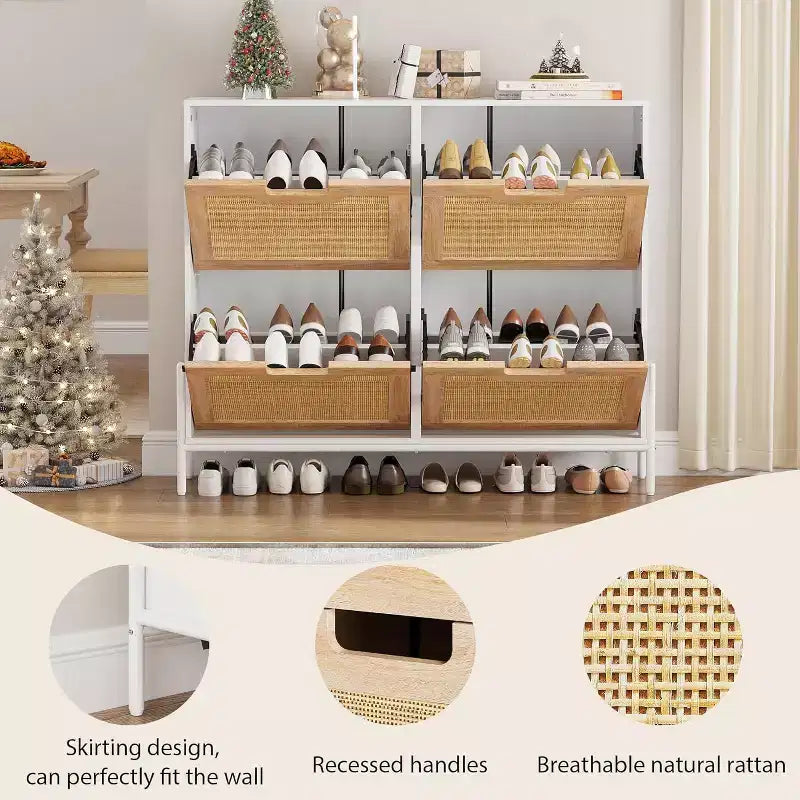 Natural Rattan Storage Cabinet with 2 Flip Drawers, Wooden Entry Way Shoe Cabinet with Storage with Adjustable Shelf and Metal Legs