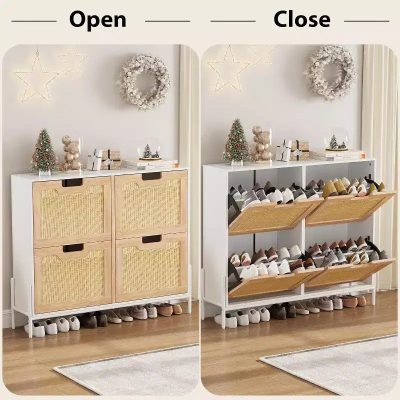 Natural Rattan Storage Cabinet with 2 Flip Drawers, Wooden Entry Way Shoe Cabinet with Storage with Adjustable Shelf and Metal Legs