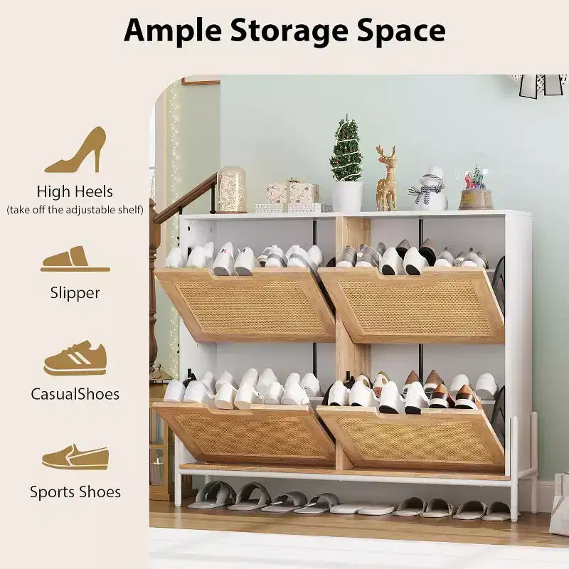Natural Rattan Storage Cabinet with 2 Flip Drawers, Wooden Entry Way Shoe Cabinet with Storage with Adjustable Shelf and Metal Legs