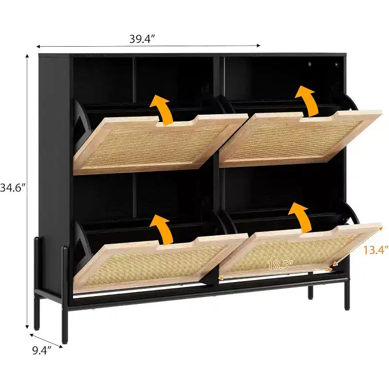 Natural Rattan Storage Cabinet with 2 Flip Drawers, Wooden Entry Way Shoe Cabinet with Storage with Adjustable Shelf and Metal Legs