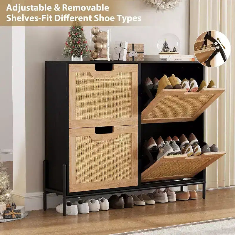 Natural Rattan Storage Cabinet with 2 Flip Drawers, Wooden Entry Way Shoe Cabinet with Storage with Adjustable Shelf and Metal Legs
