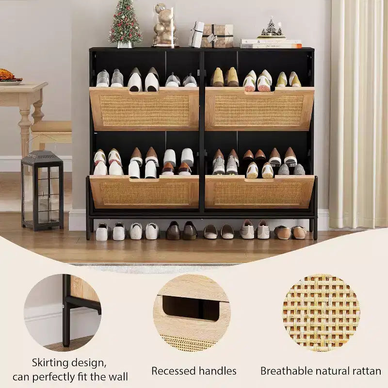 Natural Rattan Storage Cabinet with 2 Flip Drawers, Wooden Entry Way Shoe Cabinet with Storage with Adjustable Shelf and Metal Legs