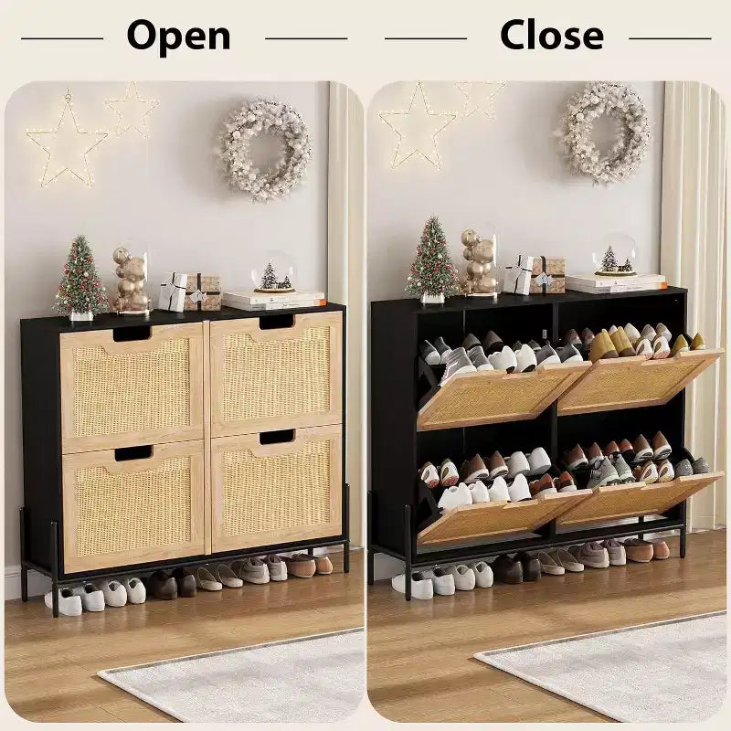 Natural Rattan Storage Cabinet with 2 Flip Drawers, Wooden Entry Way Shoe Cabinet with Storage with Adjustable Shelf and Metal Legs