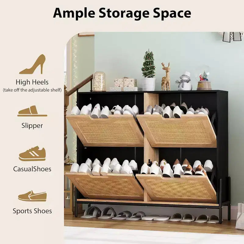 Natural Rattan Storage Cabinet with 2 Flip Drawers, Wooden Entry Way Shoe Cabinet with Storage with Adjustable Shelf and Metal Legs