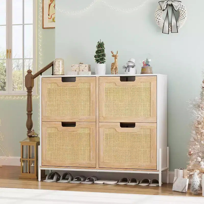 Natural Rattan Storage Cabinet with 2 Flip Drawers, Wooden Entry Way Shoe Cabinet with Storage with Adjustable Shelf and Metal Legs