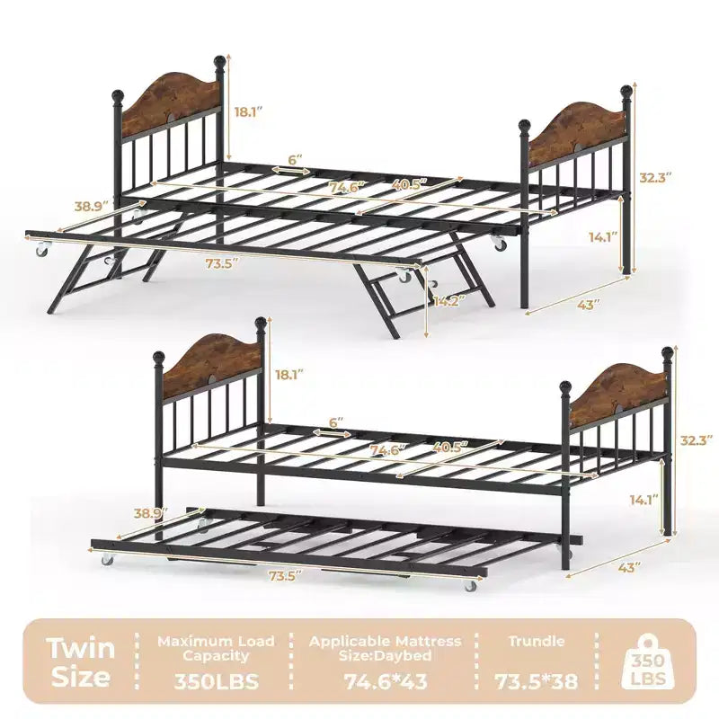 GustoWave Twin Metal Daybed with Foldable Trundle, Space Saving Daybed