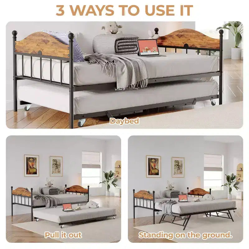 GustoWave Twin Metal Daybed with Foldable Trundle, Space Saving Daybed