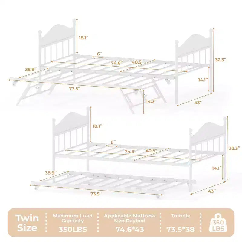 GustoWave Twin Metal Daybed with Foldable Trundle, Space Saving Daybed