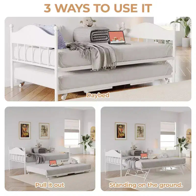GustoWave Twin Metal Daybed with Foldable Trundle, Space Saving Daybed