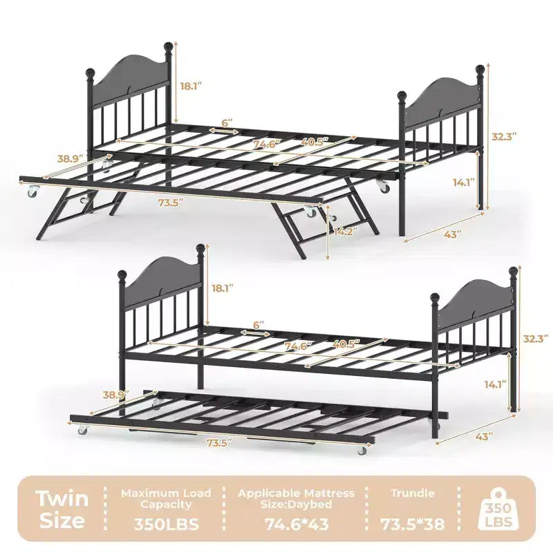GustoWave Twin Metal Daybed with Foldable Trundle, Space Saving Daybed