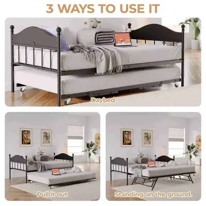 GustoWave Twin Metal Daybed with Foldable Trundle, Space Saving Daybed
