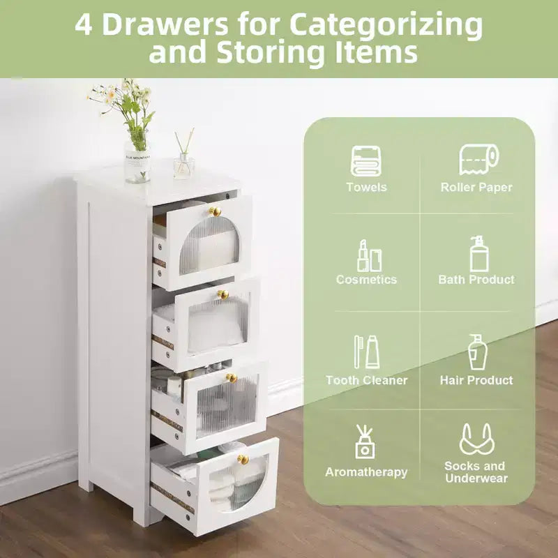 Slim Freestanding Bathroom Cabinet - Small Storage Organizer with Drawers, 11.8 x 11.8 x 33.1 Inches