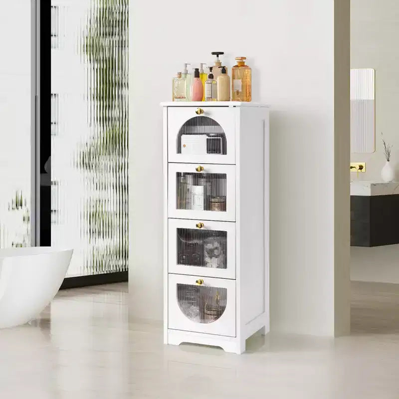 Slim Freestanding Bathroom Cabinet - Small Storage Organizer with Drawers, 11.8 x 11.8 x 33.1 Inches